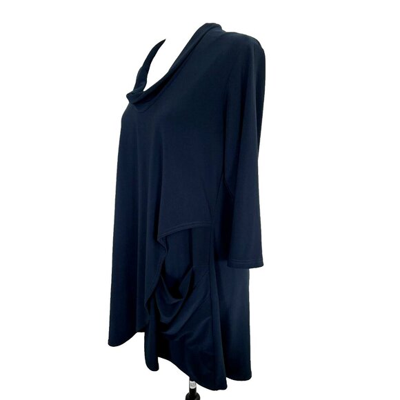 SYMPLI Tunic Blouse Top Size 10 Navy Blue Stretchy Jersey Knit Draped Pocket - Picture 5 of 7